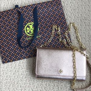 Tory Burch metallic rose gold crossbody clutch